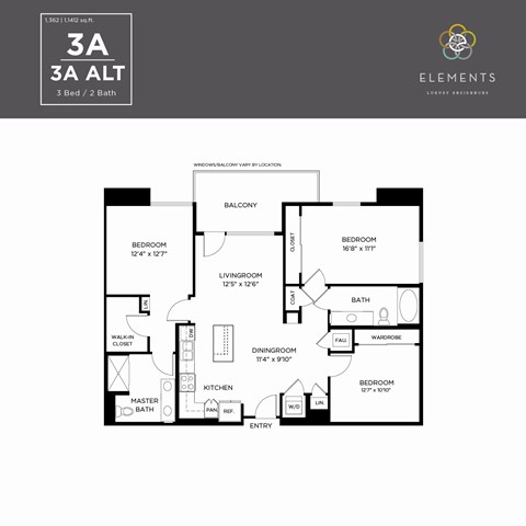 A floor plan for a 3A Alt apartment with 3 bedrooms and 2 bathrooms.
